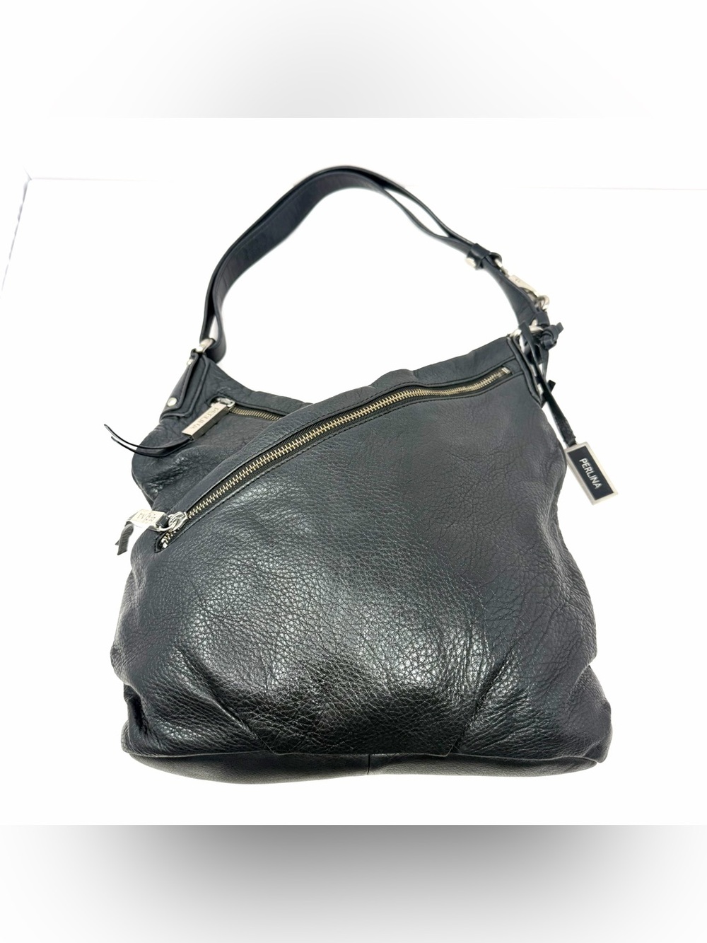 VTG Perlina NY Black Pebbled Leather Asymmetrical Slouchy Hobo Shoulder Bag